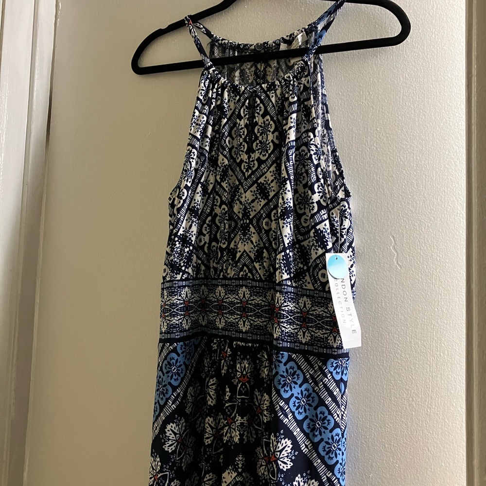 London Style‎ Collection Blue and White Halter Dress size 14 NWT Maxi Length